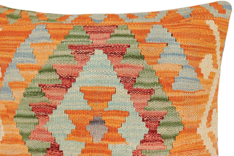 handmade Traditional Pillow Orange Blue Hand-Woven SQUARE 100% WOOL Hand woven turkish pillow2' x 2'