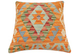 handmade Traditional Pillow Orange Blue Hand-Woven SQUARE 100% WOOL Hand woven turkish pillow2' x 2'