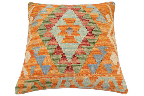 handmade Traditional Pillow Orange Blue Hand-Woven SQUARE 100% WOOL Hand woven turkish pillow2' x 2'