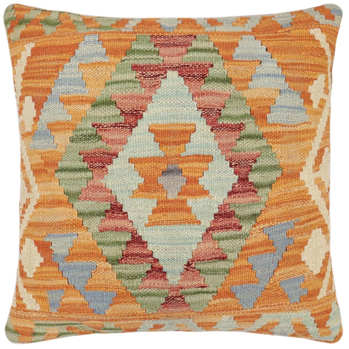 handmade Traditional Pillow Orange Blue Hand-Woven SQUARE 100% WOOL Hand woven turkish pillow2' x 2'