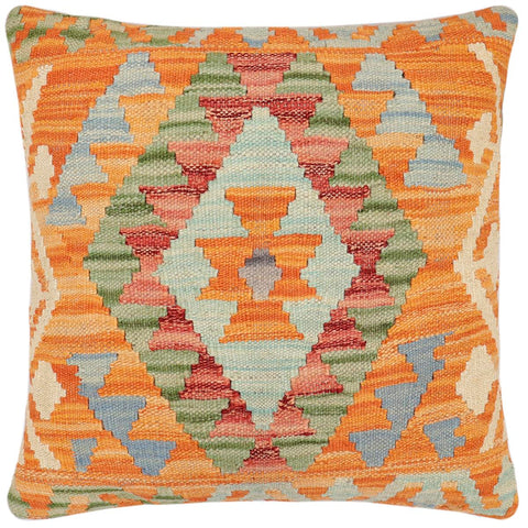 handmade Traditional Pillow Orange Blue Hand-Woven SQUARE 100% WOOL Hand woven turkish pillow2' x 2'