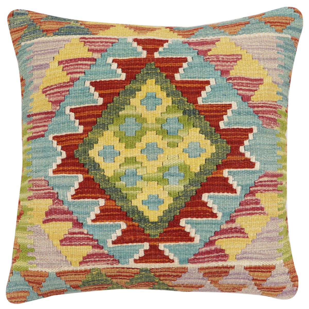 handmade Traditional Pillow Rust Blue Hand-Woven SQUARE 100% WOOL Hand woven turkish pillow2' x 2'