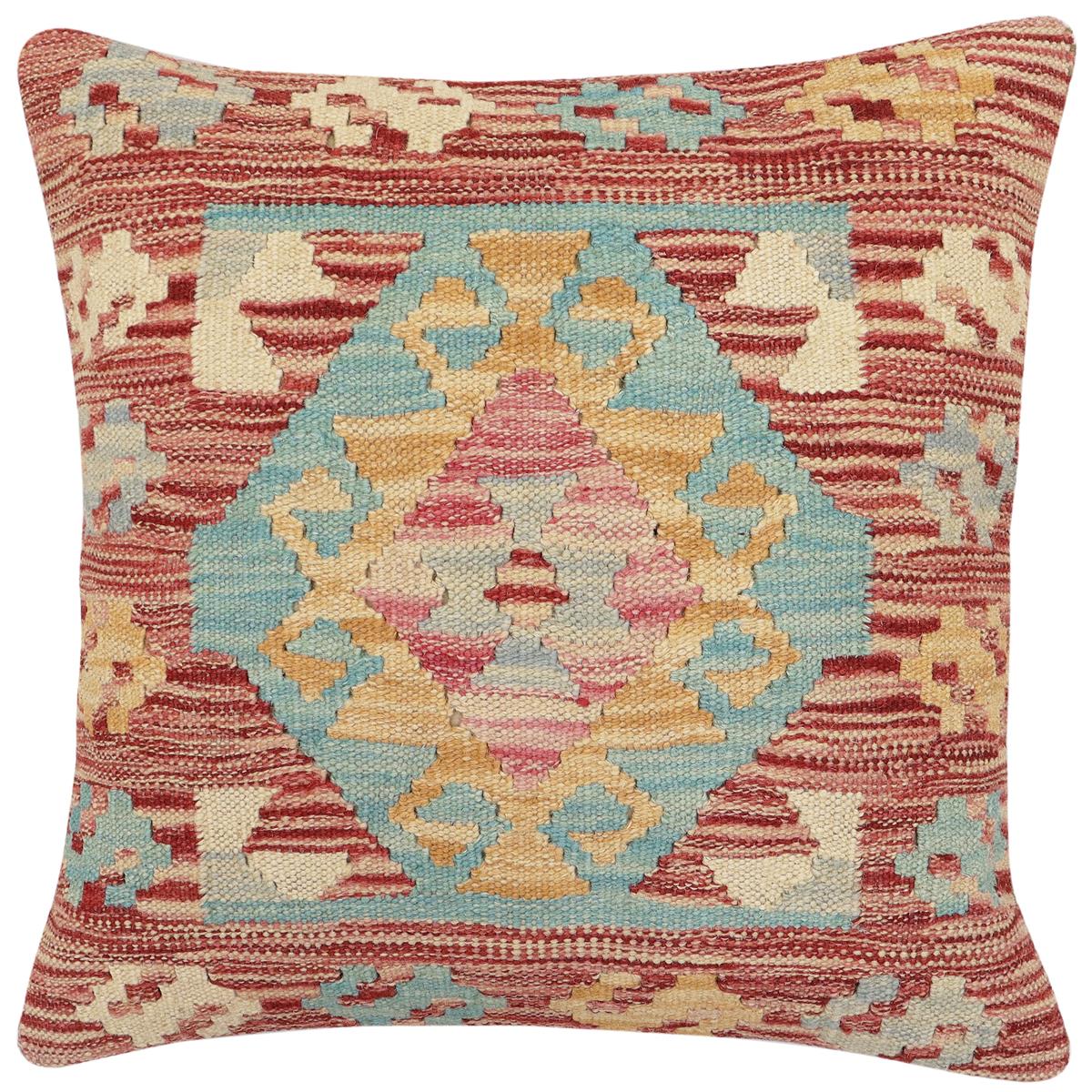 handmade Traditional Pillow Red Blue Hand-Woven SQUARE 100% WOOL Hand woven turkish pillow2 x 2