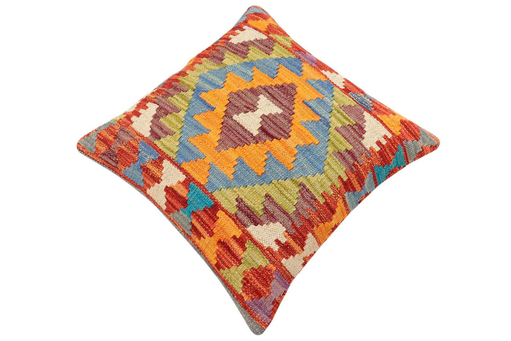 handmade Traditional Pillow Rust Blue Hand-Woven SQUARE 100% WOOL Hand woven turkish pillow2' x 2'