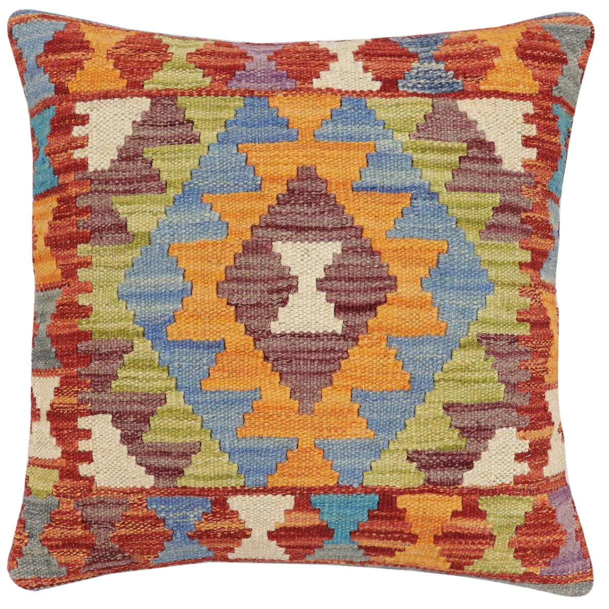 handmade Traditional Pillow Rust Blue Hand-Woven SQUARE 100% WOOL Hand woven turkish pillow2' x 2'
