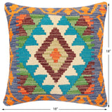 handmade Traditional Pillow Blue Rust Hand-Woven SQUARE 100% WOOL Hand woven turkish pillow2' x 2'