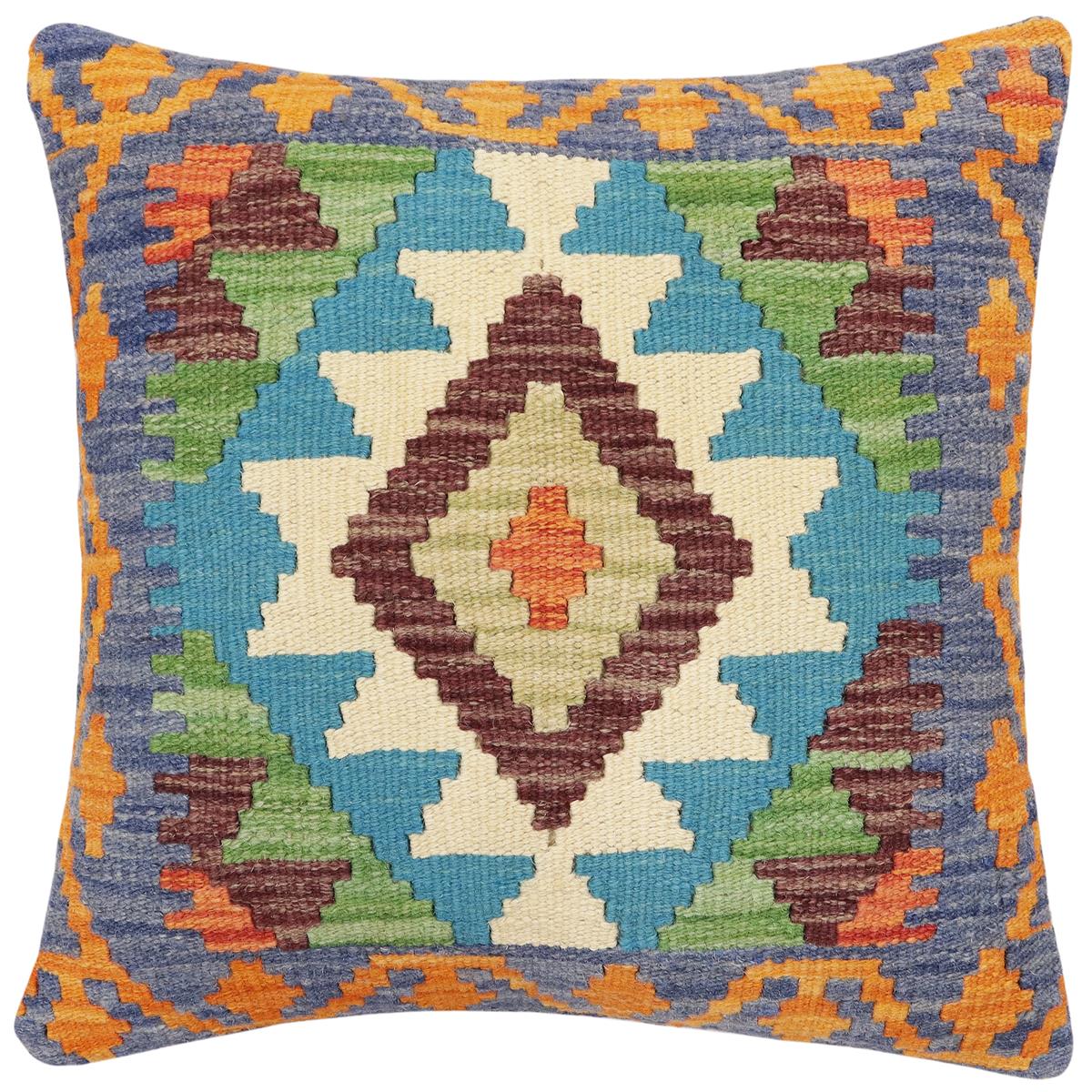 handmade Traditional Pillow Blue Rust Hand-Woven SQUARE 100% WOOL Hand woven turkish pillow2 x 2