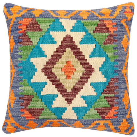 handmade Traditional Pillow Blue Rust Hand-Woven SQUARE 100% WOOL Hand woven turkish pillow2 x 2