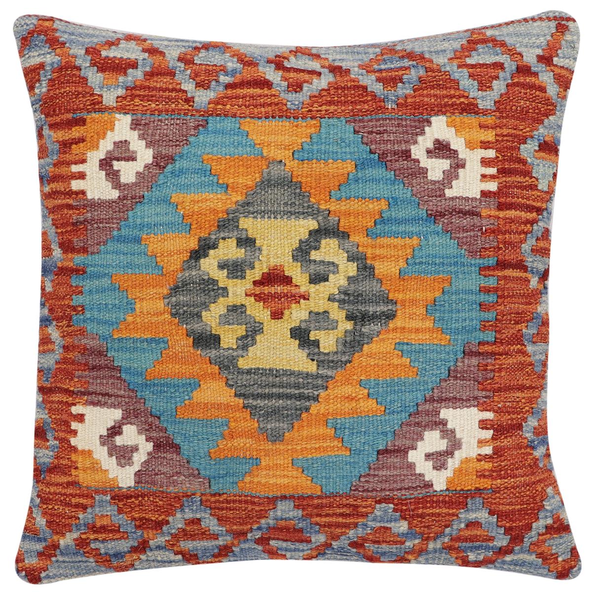 handmade Traditional Pillow Rust Blue Hand-Woven SQUARE 100% WOOL Hand woven turkish pillow2' x 2'