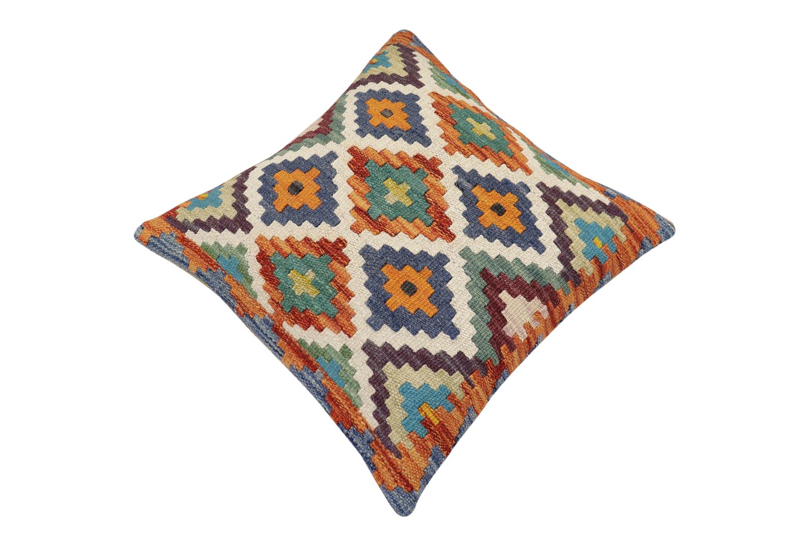 handmade Traditional Pillow Rust Blue Hand-Woven SQUARE 100% WOOL Hand woven turkish pillow2' x 2'