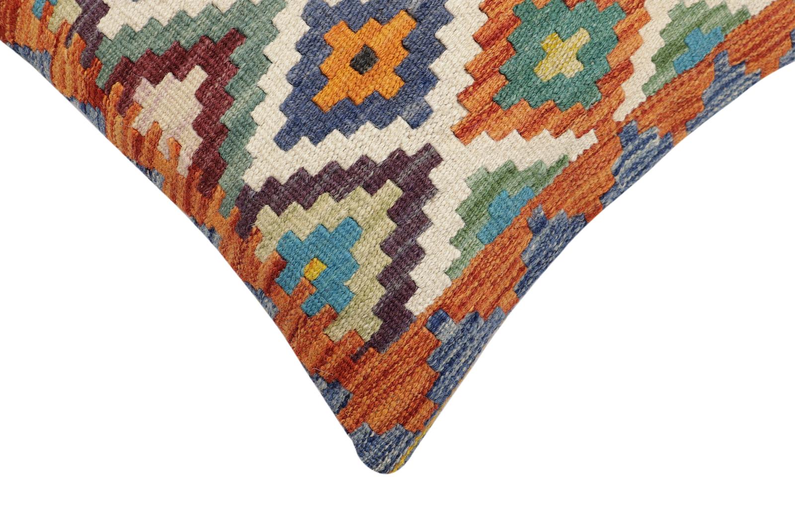 handmade Traditional Pillow Rust Blue Hand-Woven SQUARE 100% WOOL Hand woven turkish pillow2' x 2'