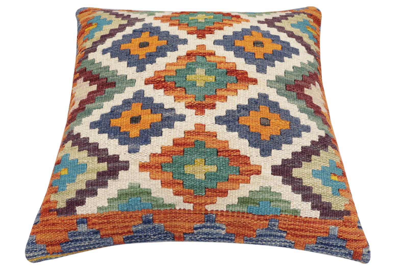 handmade Traditional Pillow Rust Blue Hand-Woven SQUARE 100% WOOL Hand woven turkish pillow2' x 2'