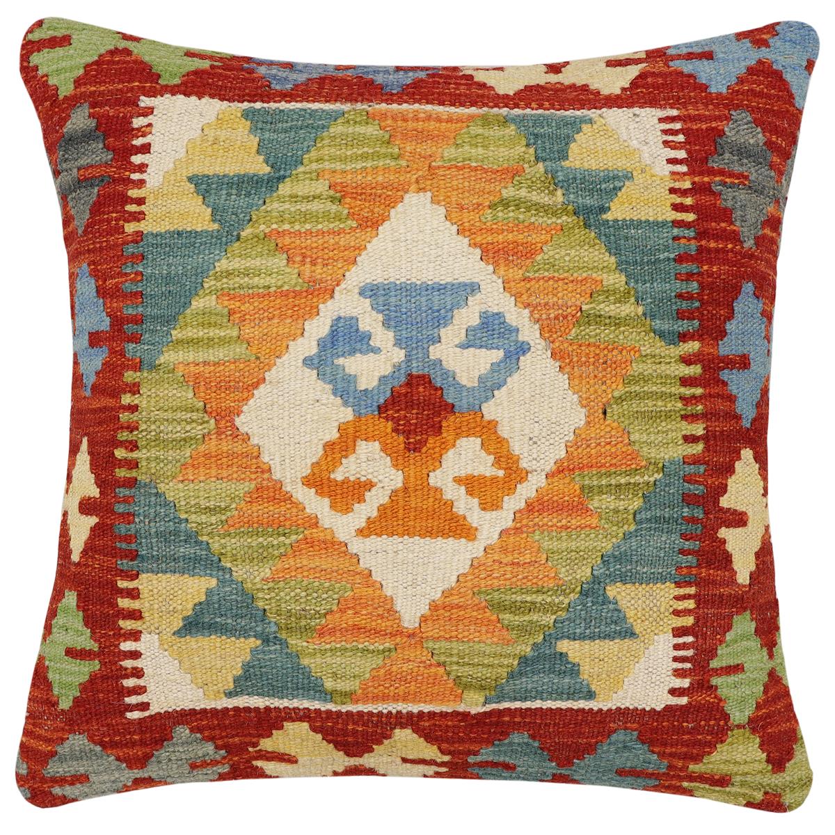 handmade Traditional Pillow Rust Blue Hand-Woven SQUARE 100% WOOL Hand woven turkish pillow2' x 2'