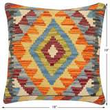 handmade Traditional Pillow Rust Blue Hand-Woven SQUARE 100% WOOL  Hand woven turkish pillow  2 x 2