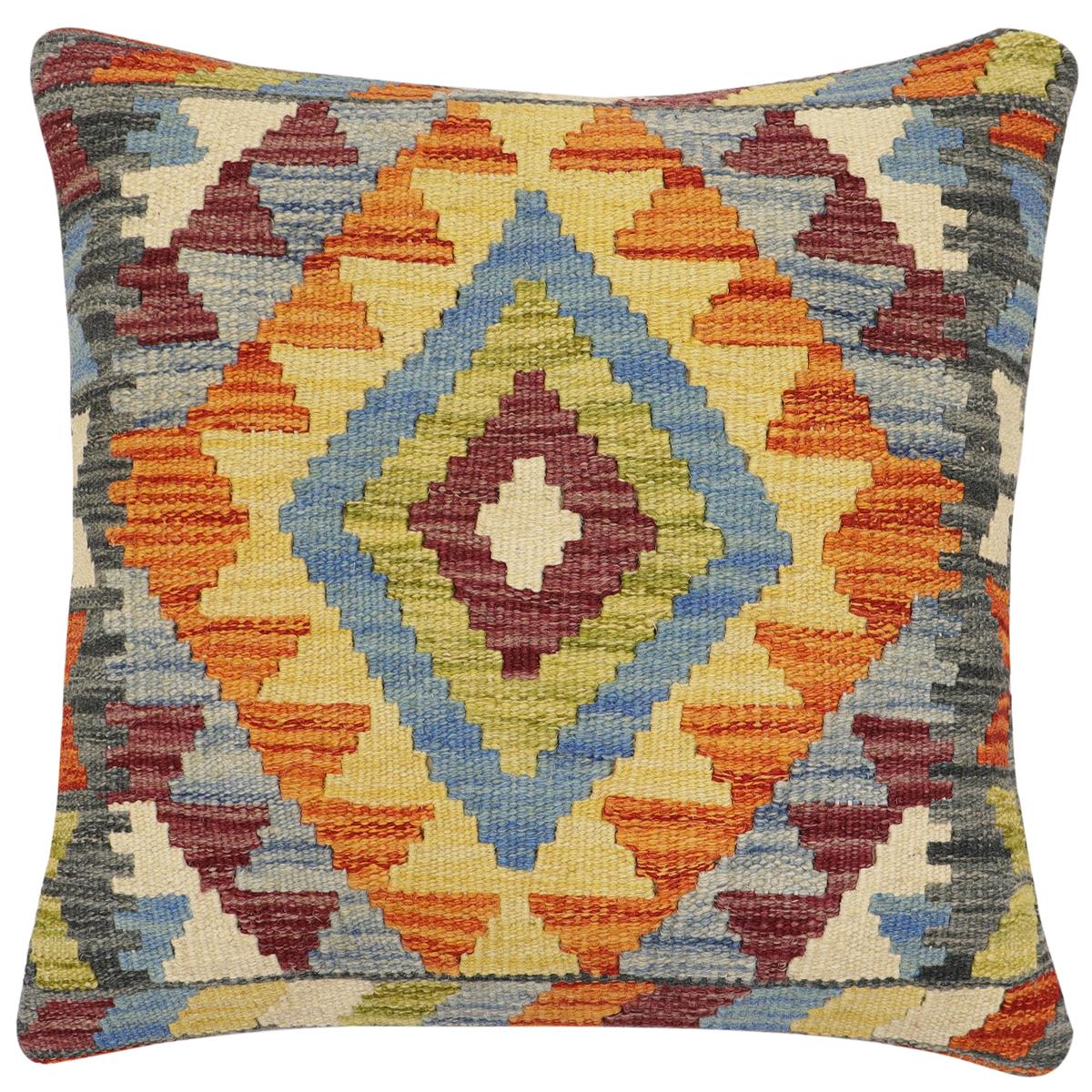handmade Traditional Pillow Rust Blue Hand-Woven SQUARE 100% WOOL  Hand woven turkish pillow  2 x 2