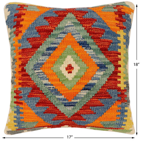 handmade Traditional Pillow Rust Blue Hand-Woven SQUARE 100% WOOL  Hand woven turkish pillow  2 x 2