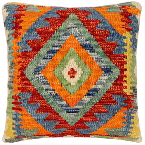 handmade Traditional Pillow Rust Blue Hand-Woven SQUARE 100% WOOL  Hand woven turkish pillow  2 x 2