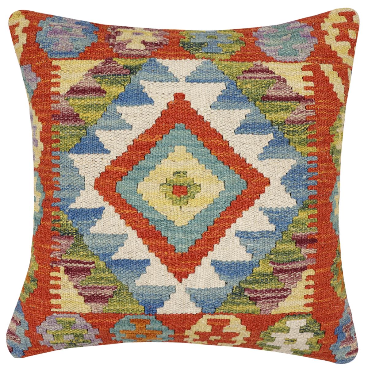 handmade Traditional Pillow Rust Blue Hand-Woven SQUARE 100% WOOL Hand woven turkish pillow2' x 2'