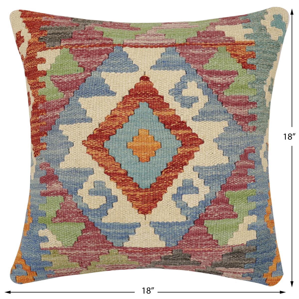 handmade Traditional Pillow Rust Blue Hand-Woven SQUARE 100% WOOL Hand woven turkish pillow2' x 2'