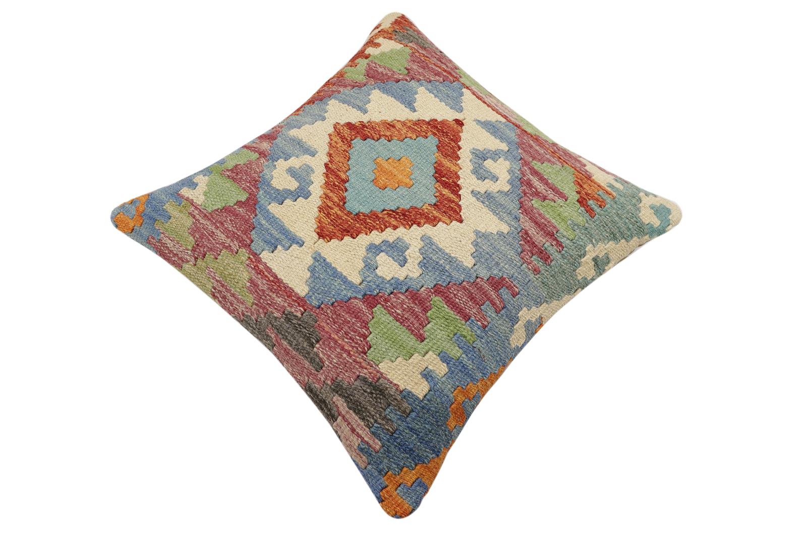 handmade Traditional Pillow Rust Blue Hand-Woven SQUARE 100% WOOL Hand woven turkish pillow2' x 2'