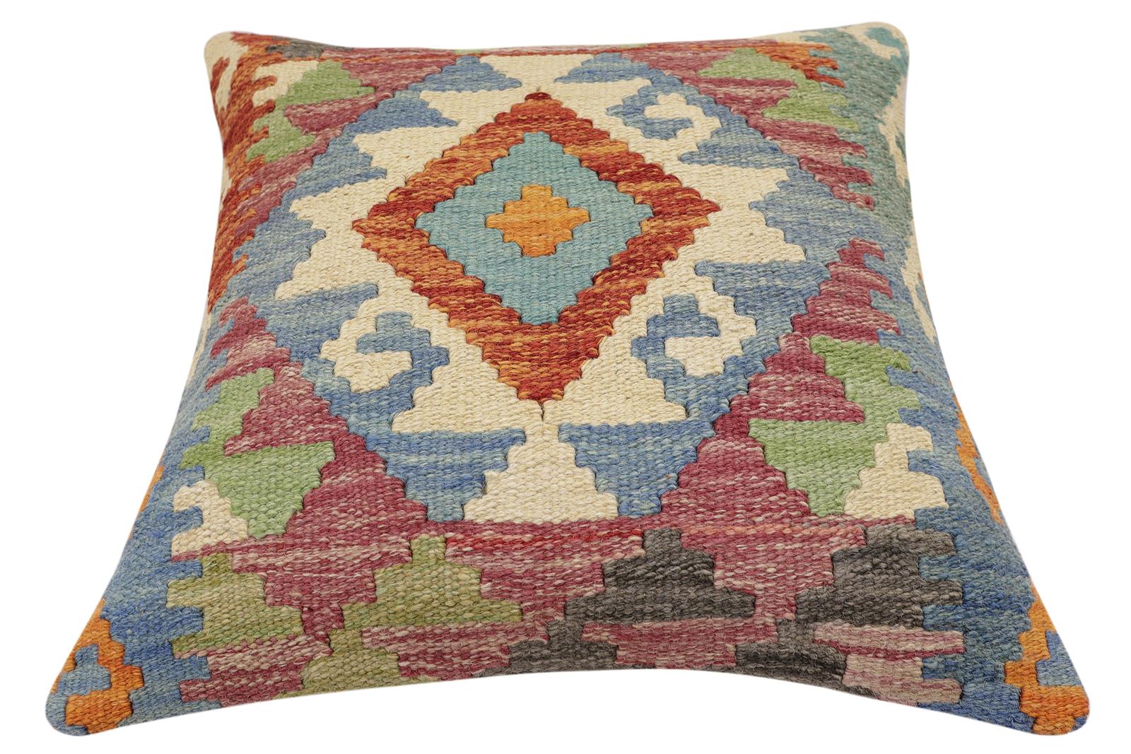 handmade Traditional Pillow Rust Blue Hand-Woven SQUARE 100% WOOL Hand woven turkish pillow2' x 2'