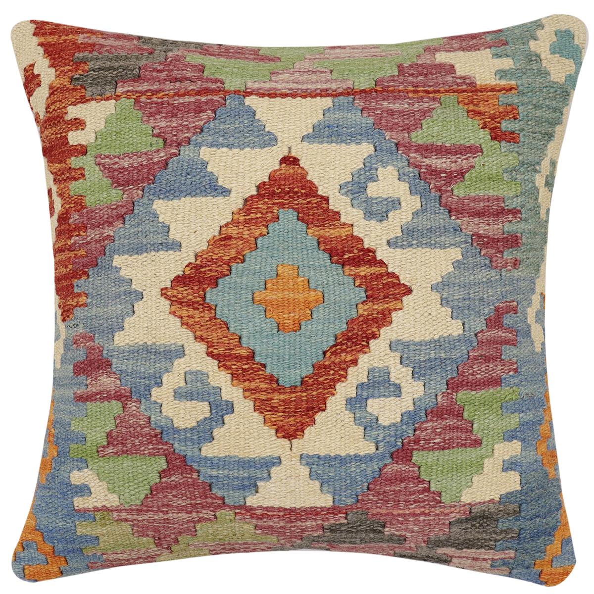 handmade Traditional Pillow Rust Blue Hand-Woven SQUARE 100% WOOL Hand woven turkish pillow2' x 2'