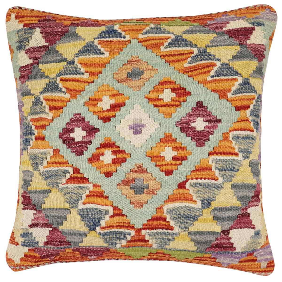 handmade Traditional Pillow Rust Blue Hand-Woven SQUARE 100% WOOL Hand woven turkish pillow2' x 2'