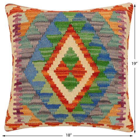 handmade Traditional Pillow Rust Blue Hand-Woven SQUARE 100% WOOL  Hand woven turkish pillow  2 x 2