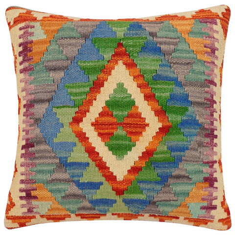 handmade Traditional Pillow Rust Blue Hand-Woven SQUARE 100% WOOL  Hand woven turkish pillow  2 x 2