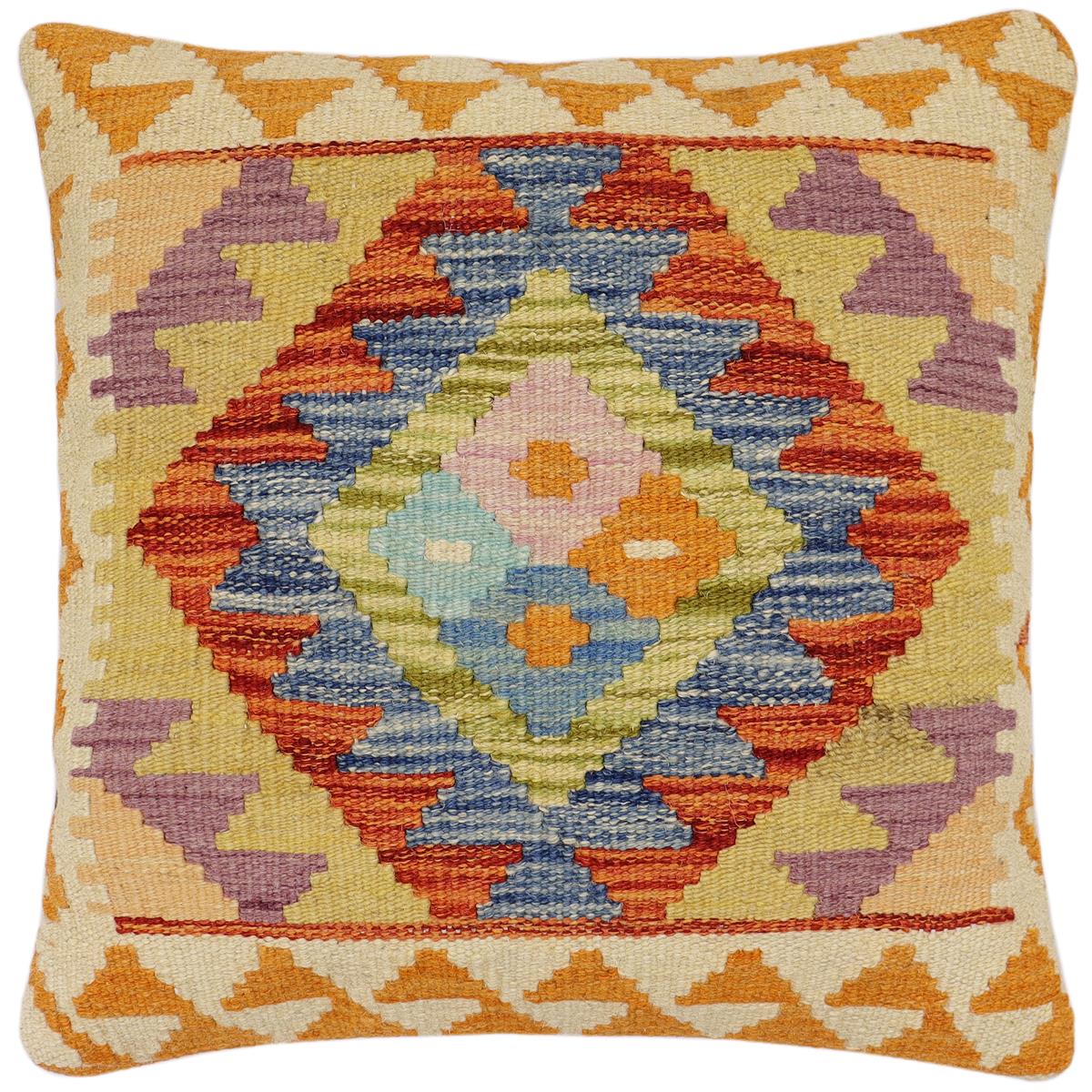 handmade Traditional Pillow Rust Blue Hand-Woven SQUARE 100% WOOL Hand woven turkish pillow2' x 2'