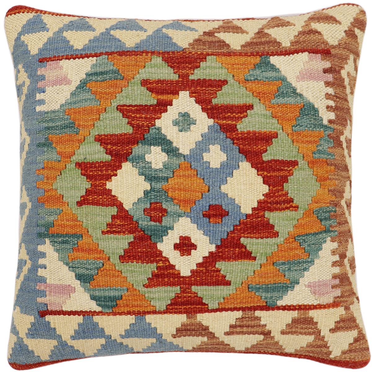 handmade Traditional Pillow Rust Blue Hand-Woven SQUARE 100% WOOL  Hand woven turkish pillow  2 x 2