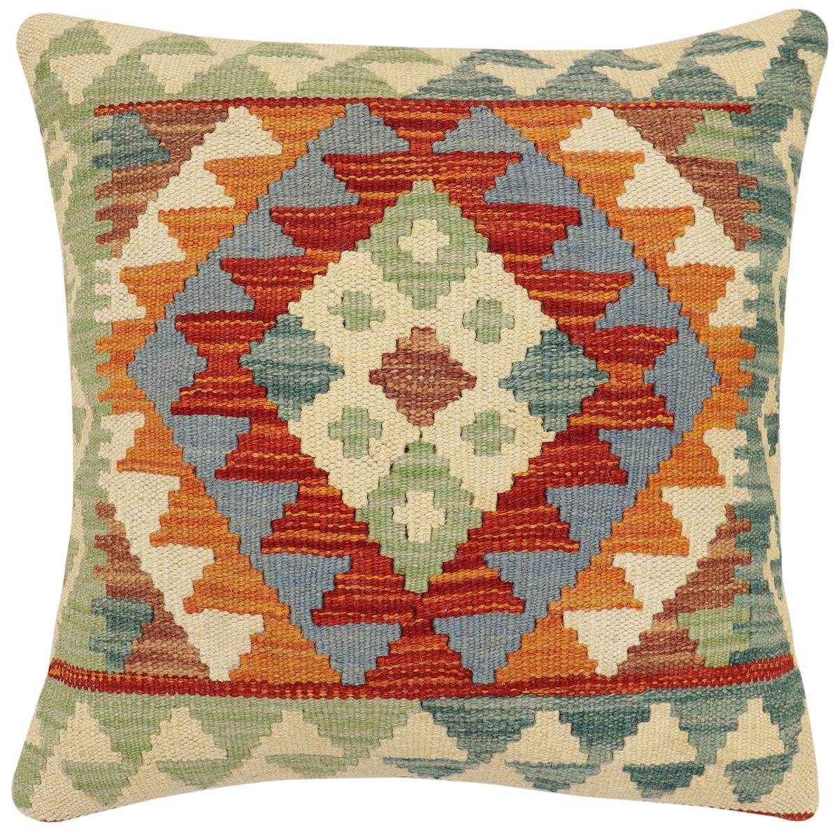 handmade Traditional Pillow Rust Blue Hand-Woven SQUARE 100% WOOL  Hand woven turkish pillow  2 x 2