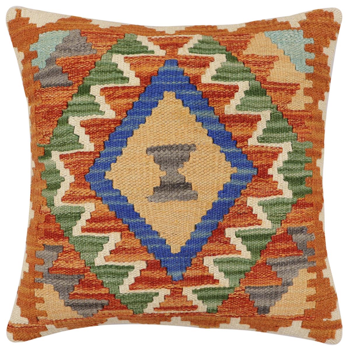 handmade Traditional Pillow Rust Blue Hand-Woven SQUARE 100% WOOL  Hand woven turkish pillow  2 x 2