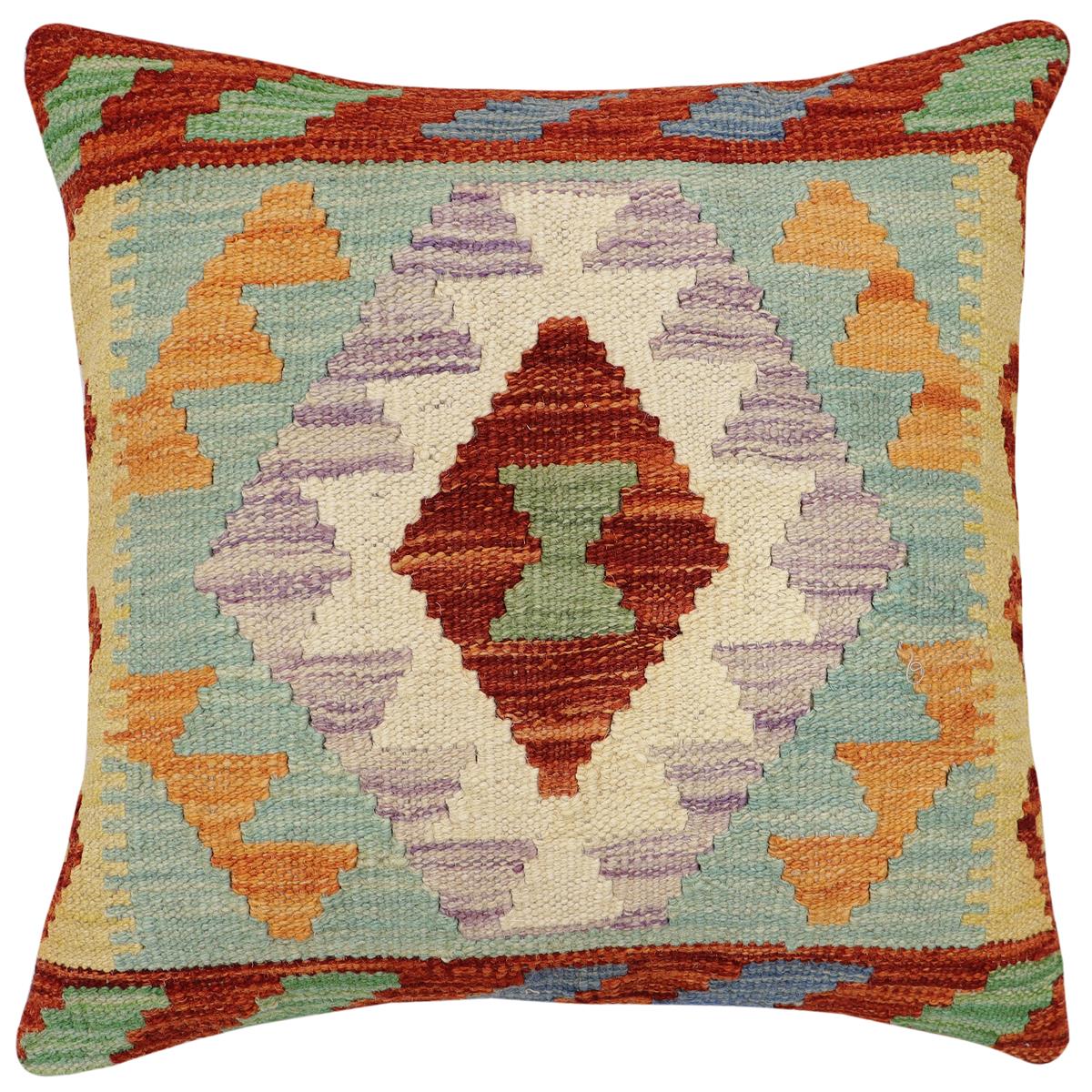 handmade Traditional Pillow Rust Blue Hand-Woven SQUARE 100% WOOL  Hand woven turkish pillow  2 x 2