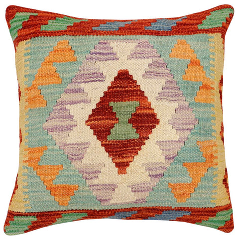 handmade Traditional Pillow Rust Blue Hand-Woven SQUARE 100% WOOL  Hand woven turkish pillow  2 x 2