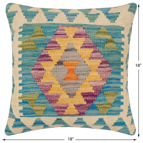 handmade Traditional Pillow Blue Beige Hand-Woven SQUARE 100% WOOL Hand woven turkish pillow2 x 2