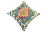 handmade Traditional Pillow Blue Beige Hand-Woven SQUARE 100% WOOL Hand woven turkish pillow2' x 2'
