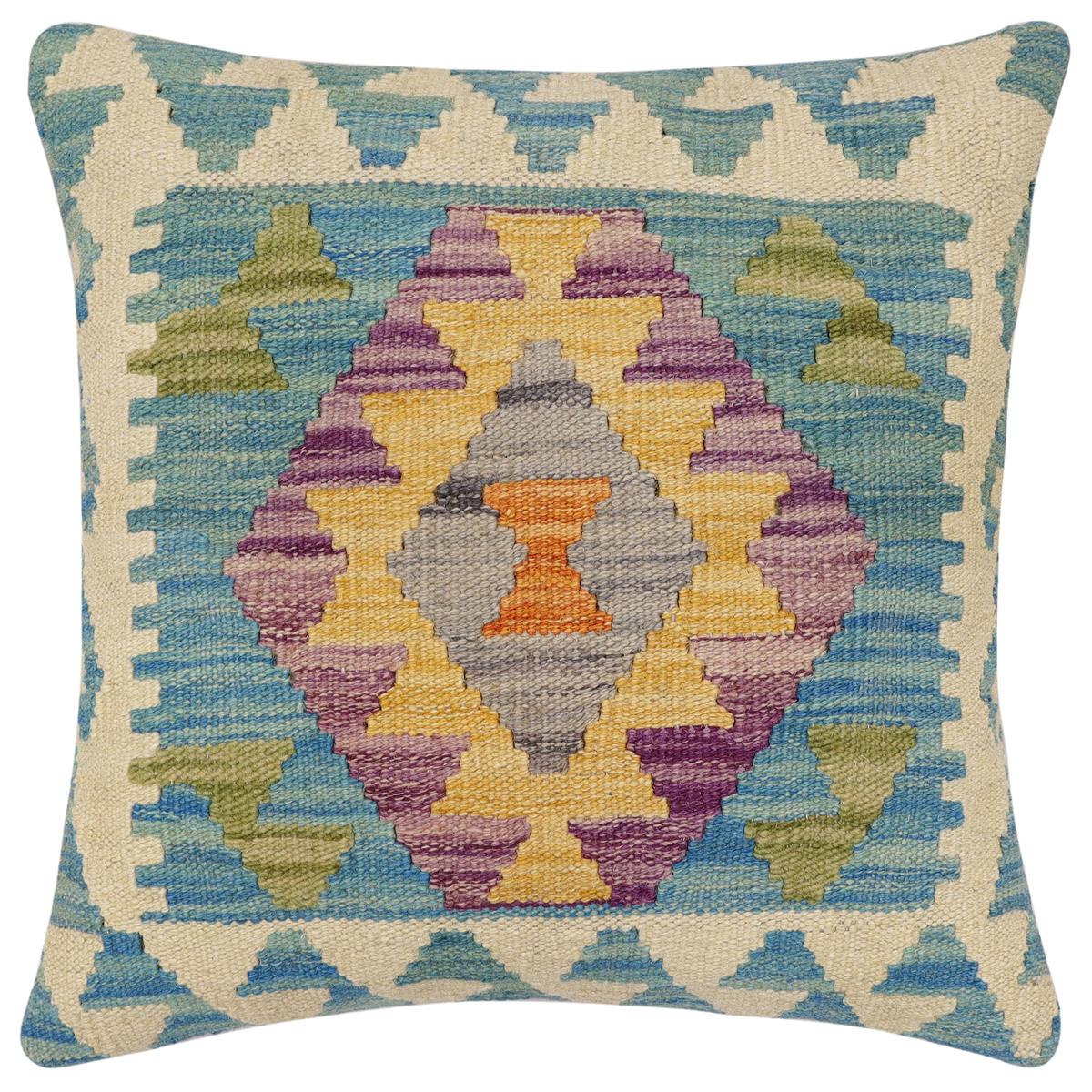 handmade Traditional Pillow Blue Beige Hand-Woven SQUARE 100% WOOL Hand woven turkish pillow2 x 2