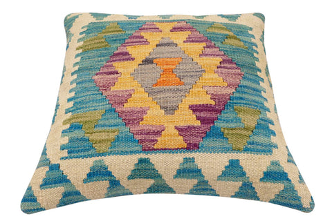 handmade Traditional Pillow Blue Beige Hand-Woven SQUARE 100% WOOL Hand woven turkish pillow2 x 2