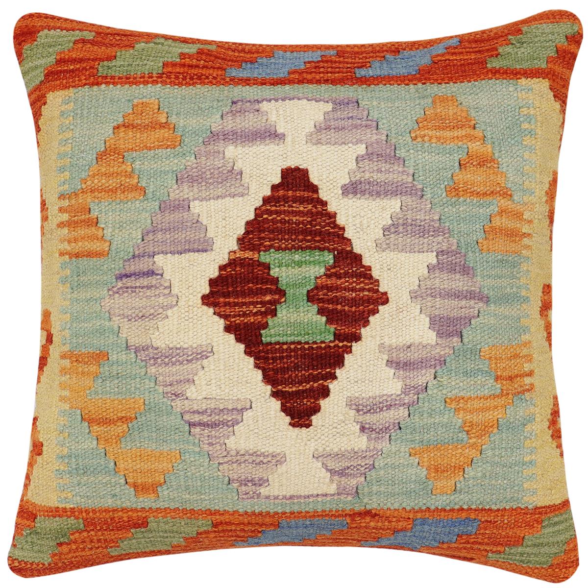 handmade Traditional Pillow Rust Blue Hand-Woven SQUARE 100% WOOL Hand woven turkish pillow2' x 2'