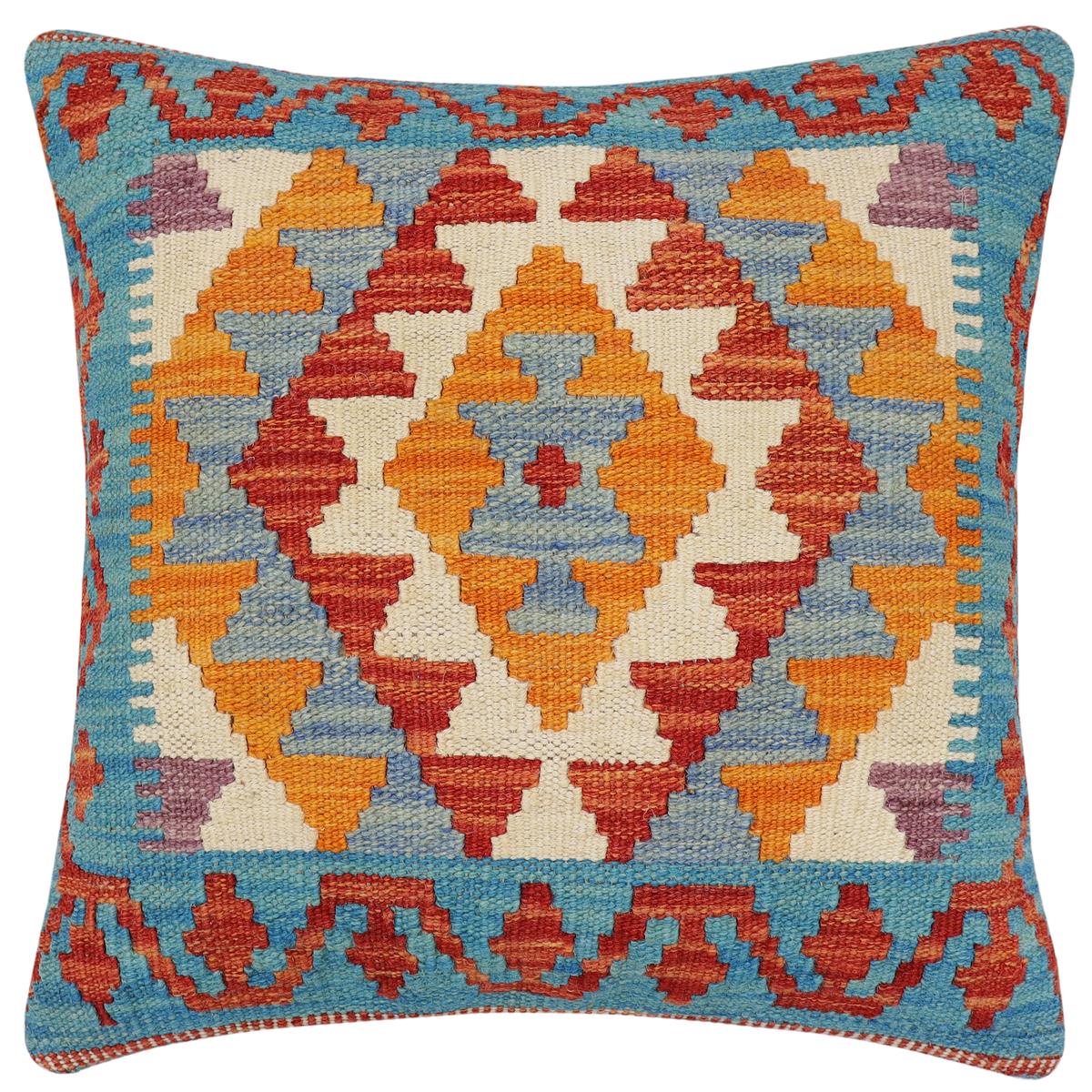 handmade Traditional Pillow Rust Blue Hand-Woven SQUARE 100% WOOL Hand woven turkish pillow2' x 2'