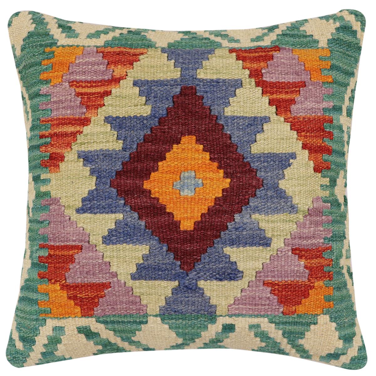 handmade Traditional Pillow Rust Blue Hand-Woven SQUARE 100% WOOL Hand woven turkish pillow2' x 2'
