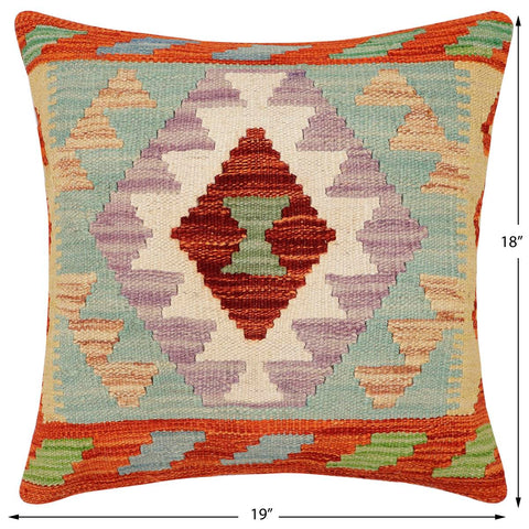 handmade Traditional Pillow Rust Blue Hand-Woven SQUARE 100% WOOL  Hand woven turkish pillow  2 x 2