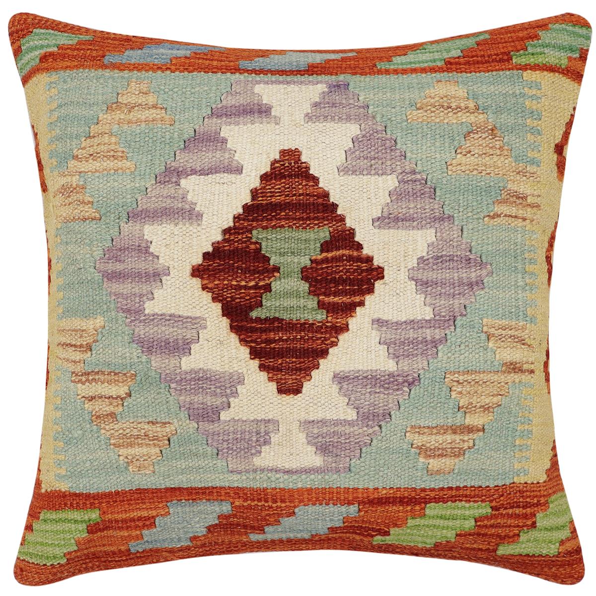 handmade Traditional Pillow Rust Blue Hand-Woven SQUARE 100% WOOL  Hand woven turkish pillow  2 x 2