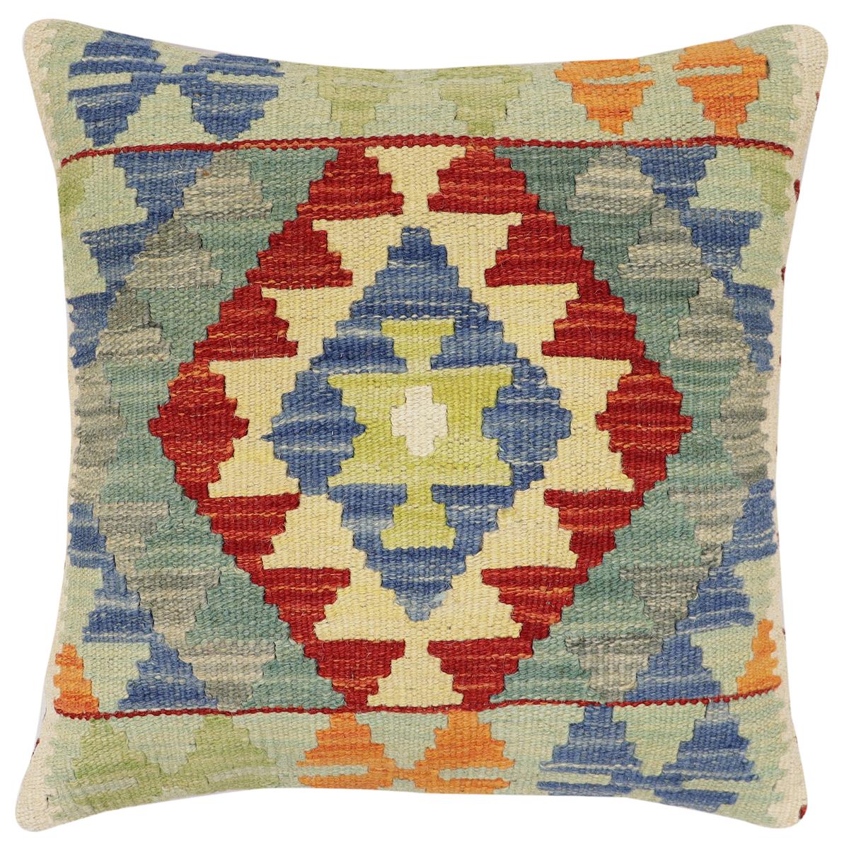 handmade Traditional Pillow Rust Blue Hand-Woven SQUARE 100% WOOL Hand woven turkish pillow2' x 2'