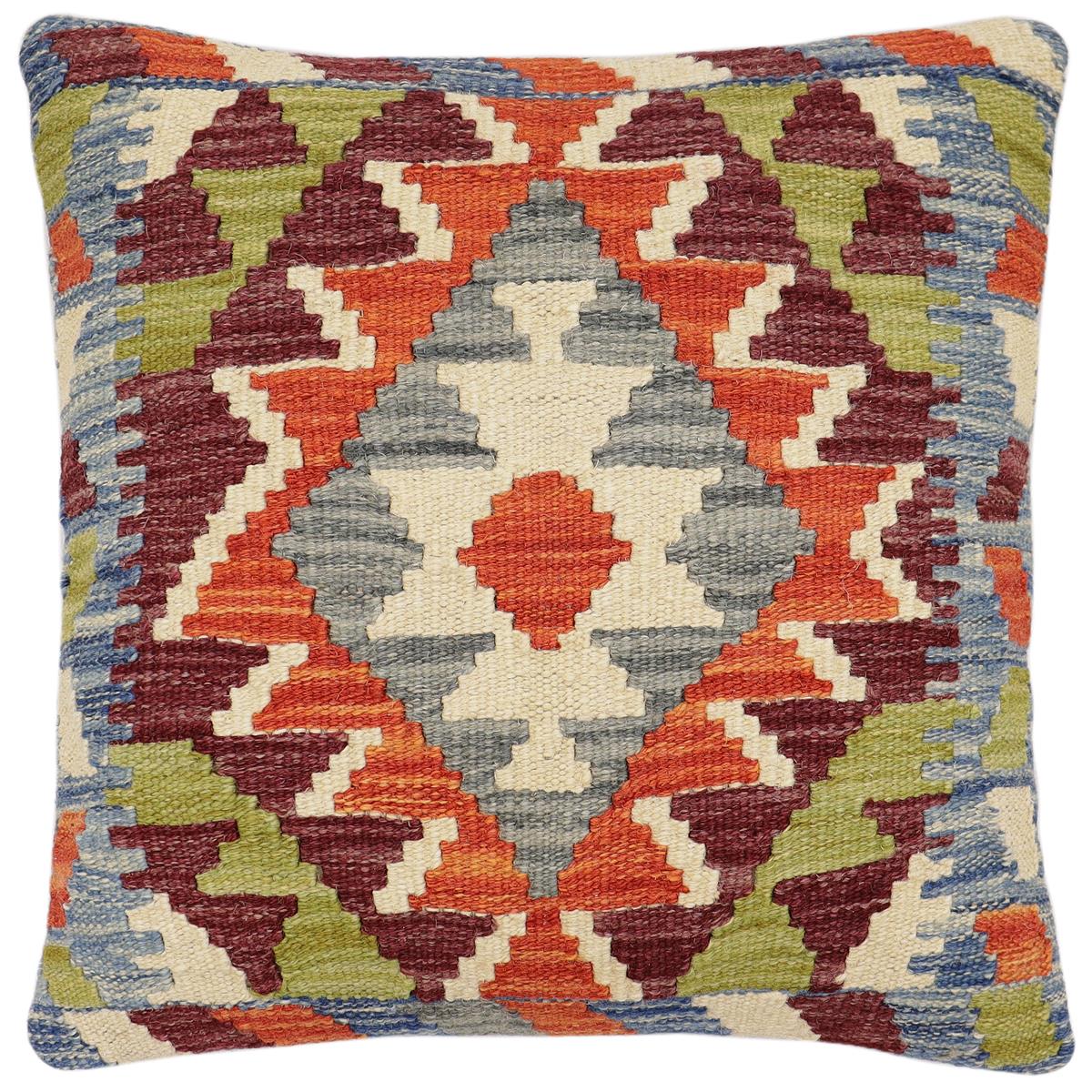 handmade Traditional Pillow Rust Blue Hand-Woven SQUARE 100% WOOL Hand woven turkish pillow2' x 2'