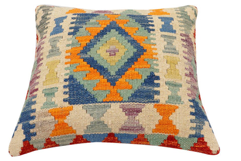 handmade Traditional Pillow Rust Blue Hand-Woven SQUARE 100% WOOL  Hand woven turkish pillow  2 x 2