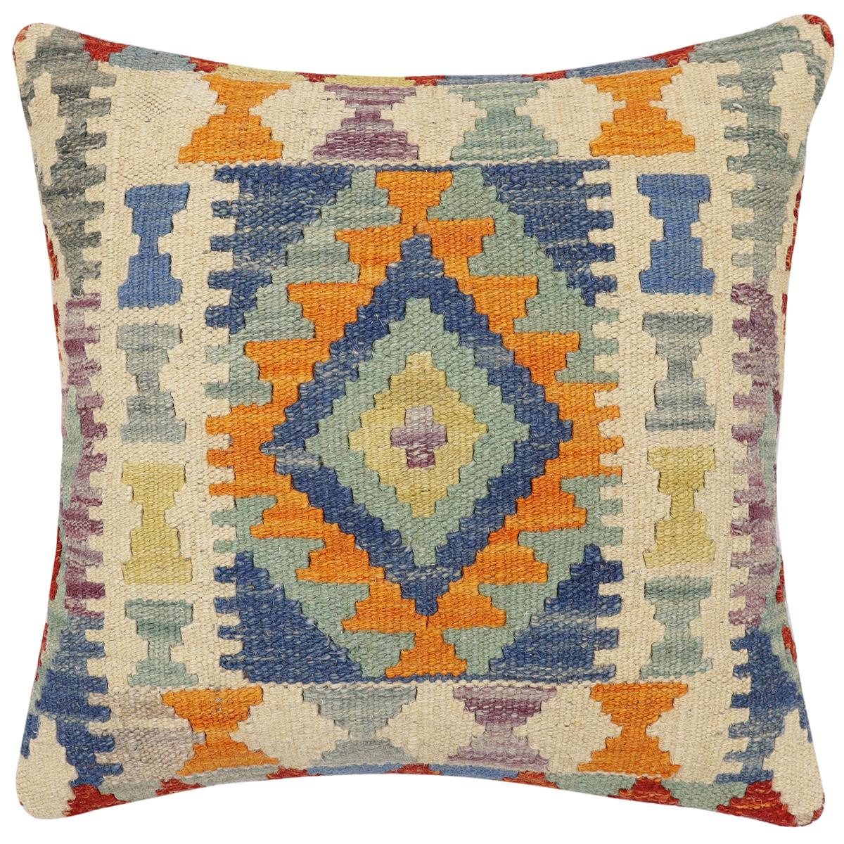 handmade Traditional Pillow Rust Blue Hand-Woven SQUARE 100% WOOL  Hand woven turkish pillow  2 x 2