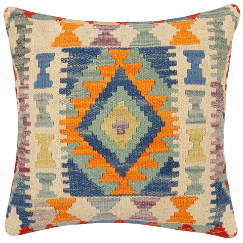handmade Traditional Pillow Rust Blue Hand-Woven SQUARE 100% WOOL  Hand woven turkish pillow  2 x 2