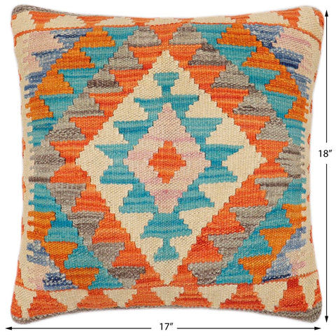 handmade Traditional Pillow Rust Blue Hand-Woven SQUARE 100% WOOL  Hand woven turkish pillow  2 x 2